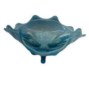 Vintage Northwood Fluted Scrolls Blue Opalescent Three Footed Bowl 7"